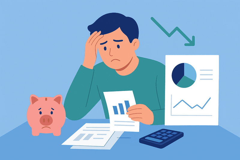 llustration of a worried man holding financial documents with declining charts, a calculator, and a sad piggy bank, symbolizing financial stress, budgeting issues, and common personal finance mistakes