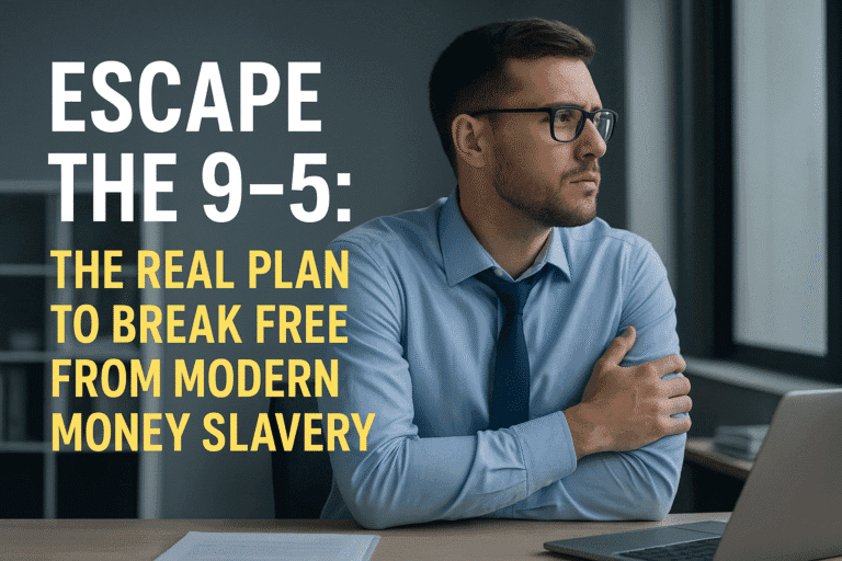 Alt Text A man in a blue shirt and tie sits at an office desk looking out the window, with overlay text that reads "escape the 9-5: the real plan to break free from modern money slavery"