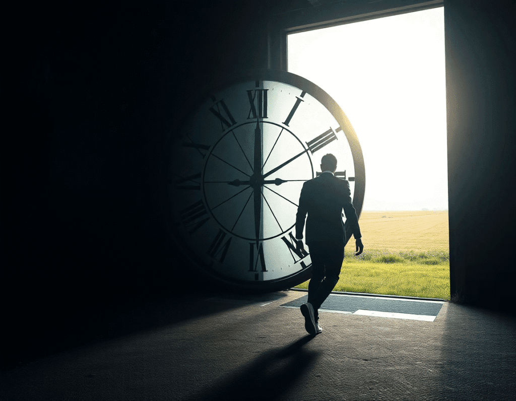 A person in a suit is silhouetted against a giant clock as they walk out of a dark room and into a bright, sunny field, representing the desire to escape the 9-5