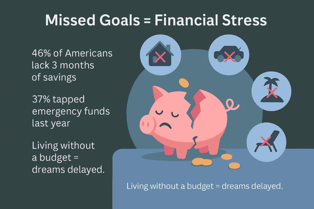 Infographic showing a broken piggy bank with coins spilling and crossed-out dream icons of house, car, retirement, and vacation, with savings statistics, highlighting the dangers of living without a budget