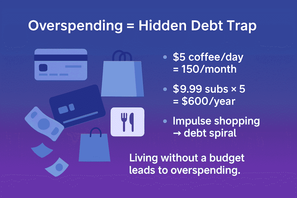 Infographic showing overspending and hidden debt trap with credit cards, shopping bags, food delivery, and cost breakdowns, highlighting the dangers of living without a budget