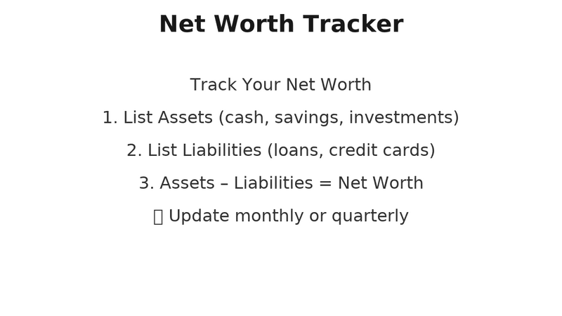 Infographic on net worth tracker with steps: list assets like cash, savings, and investments; list liabilities like loans and credit cards; calculate net worth as assets minus liabilities; and update monthly or quarterly