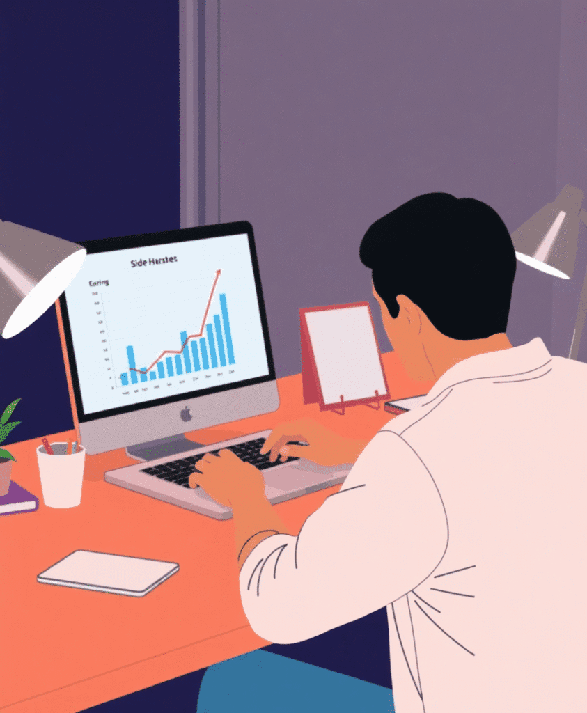 An illustration of a person at a desk, focused on a computer screen that displays a bar and line graph showing the successful growth of a side hustle to help them escape the 9-5