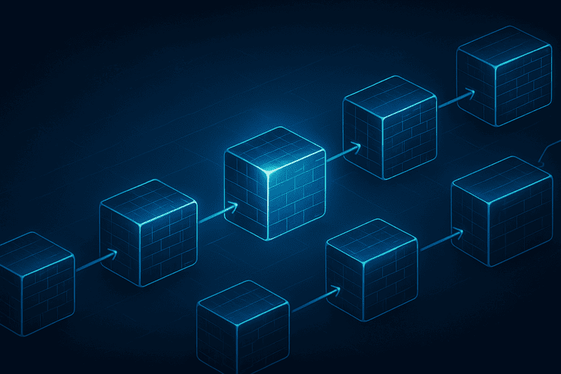 Illustration of blockchain transactions linked together in a digital network grid, showing how Bitcoin transactions are connected on the blockchain