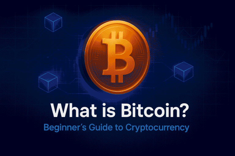 A glowing 3D Bitcoin coin with blockchain cubes, neon network lines, and candlestick charts on a dark gradient background with text 'What is Bitcoin – Beginner’s Guide to Cryptocurrency'