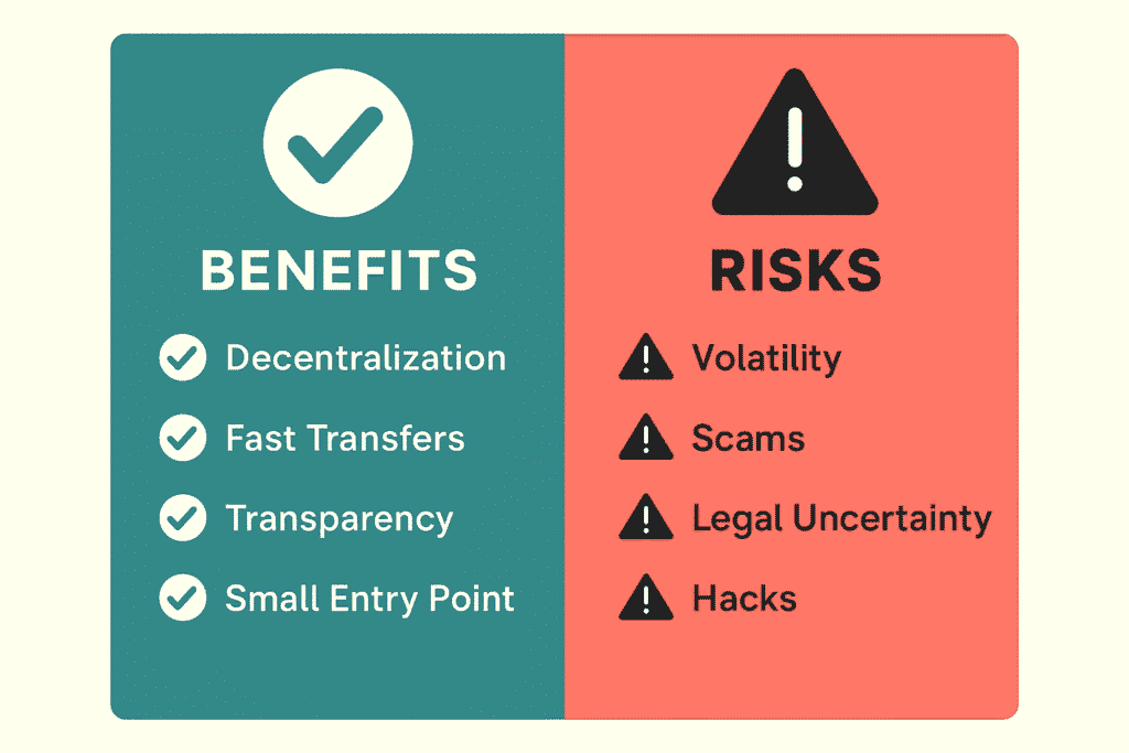 Cryptocurrency benefits vs risks infographic showing decentralization, fast transfers, transparency, small entry point versus volatility, scams, legal uncertainty, and hacks in India