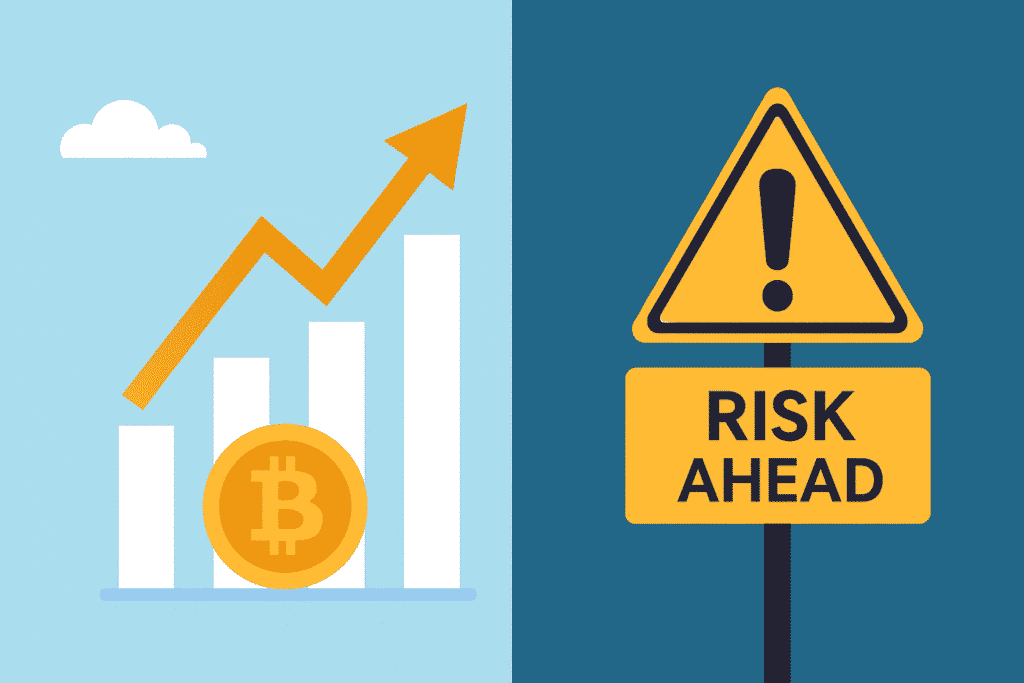 Illustration showing what is Bitcoin trading and how does it work for beginners in India with volatility chart and risk ahead sign